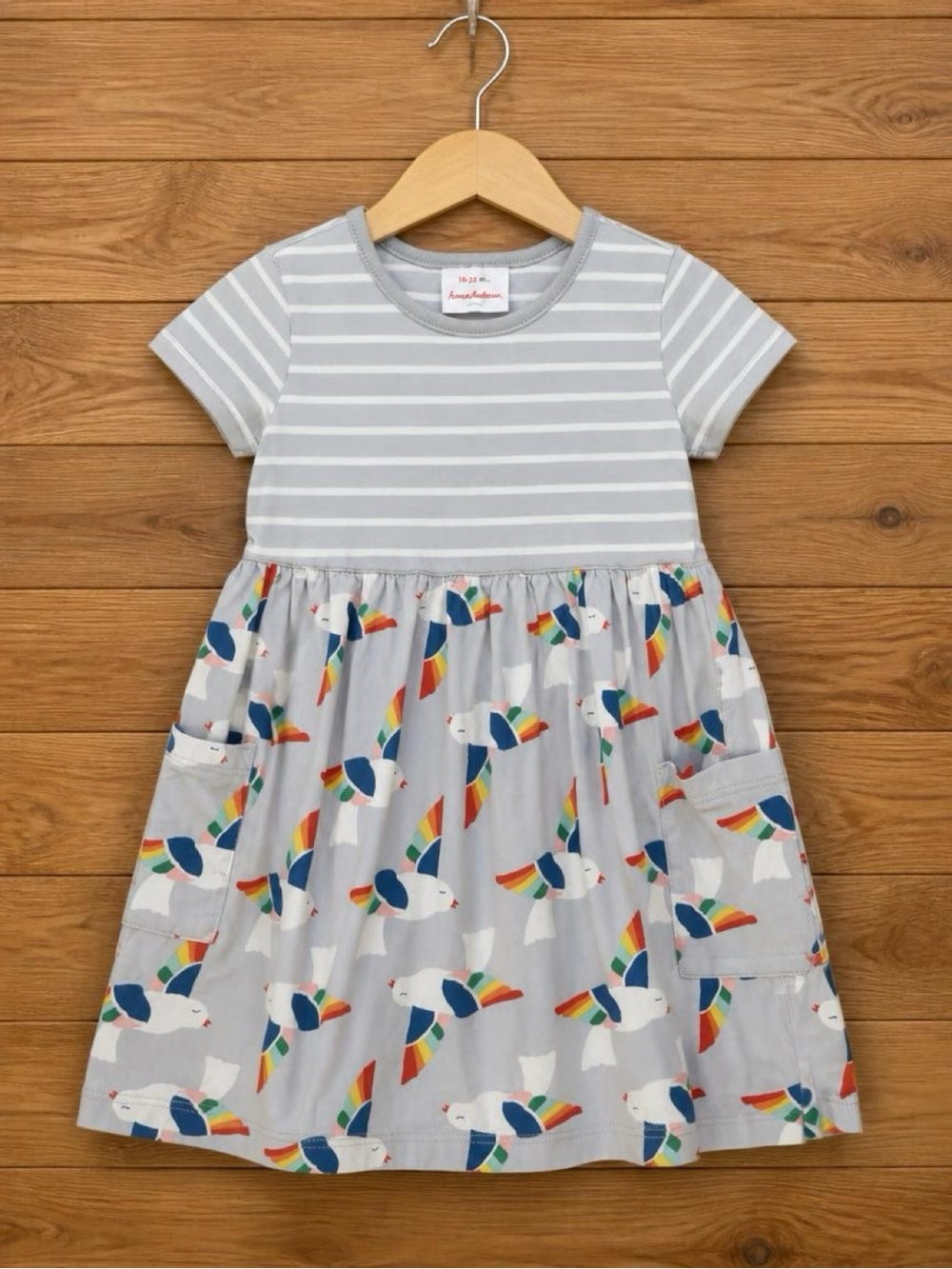 Hanna Andersson Bird Dress Size 110 US 5 Gray Rainbow Bird Pocket Dress Cotton